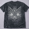 Vintage black horror cat t-shirt with a surreal many-eyed feline face graphic