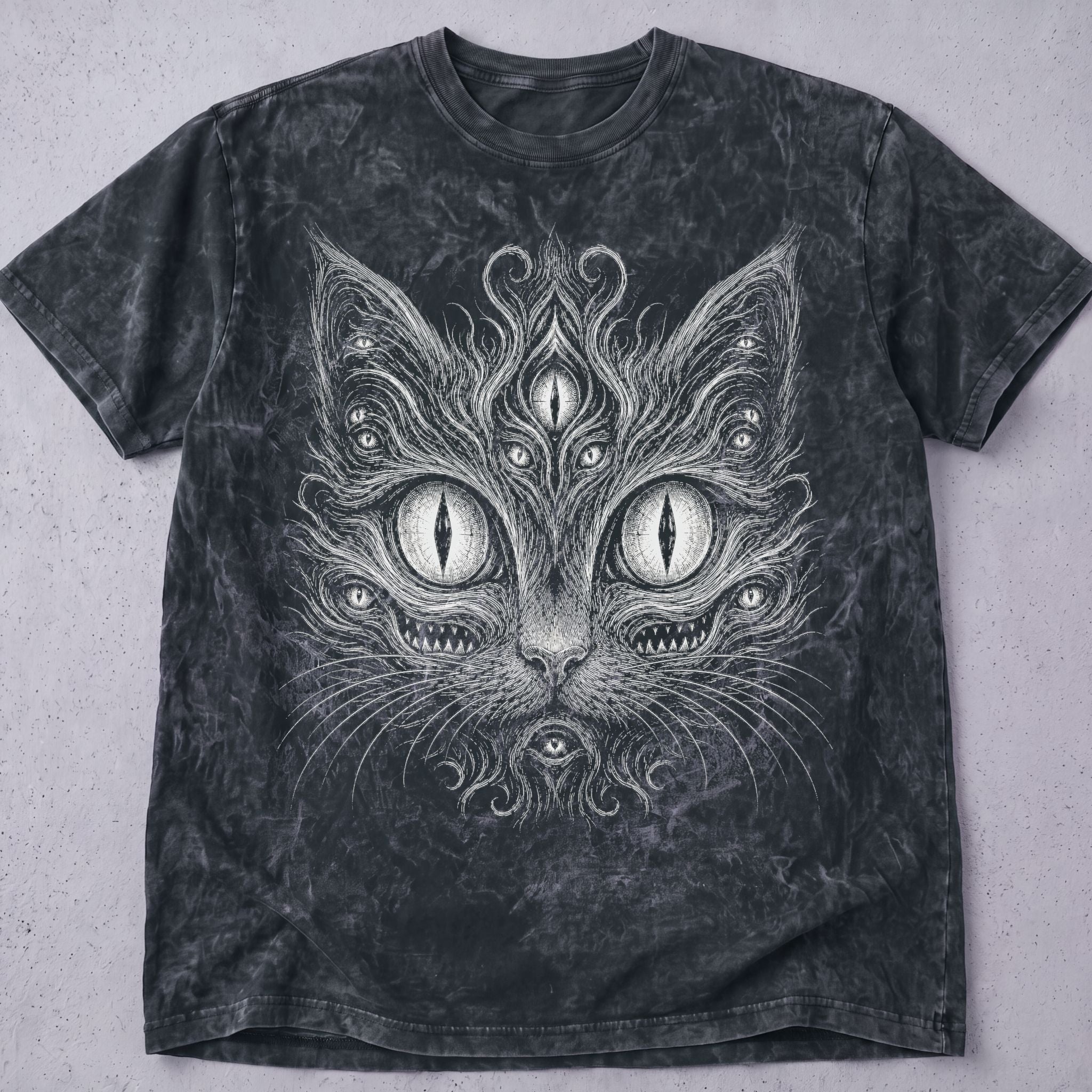 Vintage black horror cat t-shirt with a surreal many-eyed feline face graphic