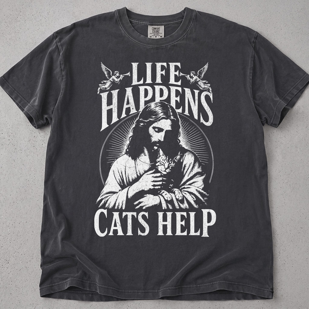 Pepper Comfort Colors cat t-shirt with Jesus holding a cat and Life Happens, Cats Help text