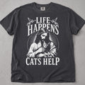 Pepper Comfort Colors cat t-shirt with Jesus holding a cat and Life Happens, Cats Help text