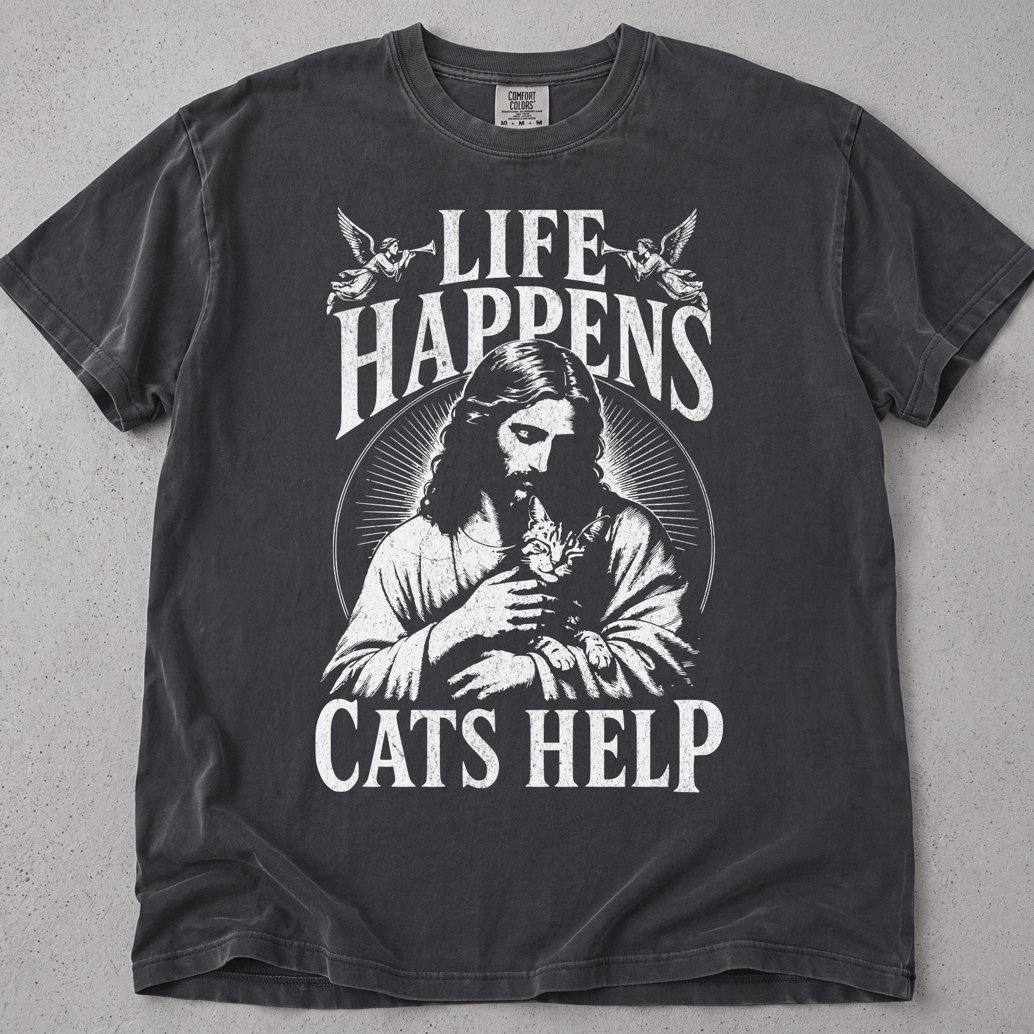 Pepper Comfort Colors cat t-shirt with Jesus holding a cat and Life Happens, Cats Help text
