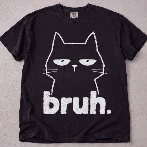 Flat lay of a black printed cat lover t-shirt with Bruh Cat graphic