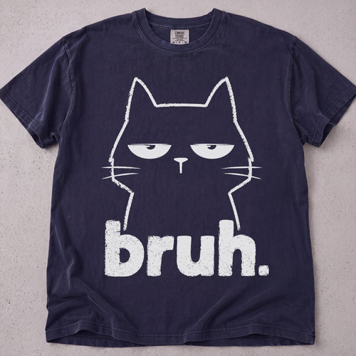Flat lay of a pepper printed cat lover t-shirt with Bruh Cat graphic
