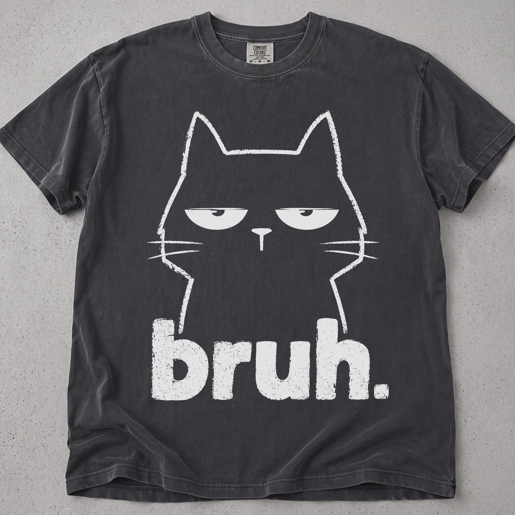 Flat lay of a true navy printed cat lover t-shirt with Bruh Cat graphic