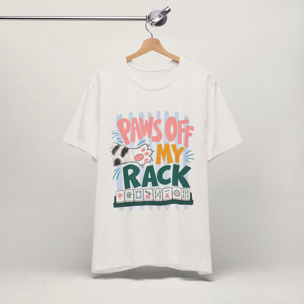Vintage white Paws Off My Rack mahjong cat t-shirt on a hanger