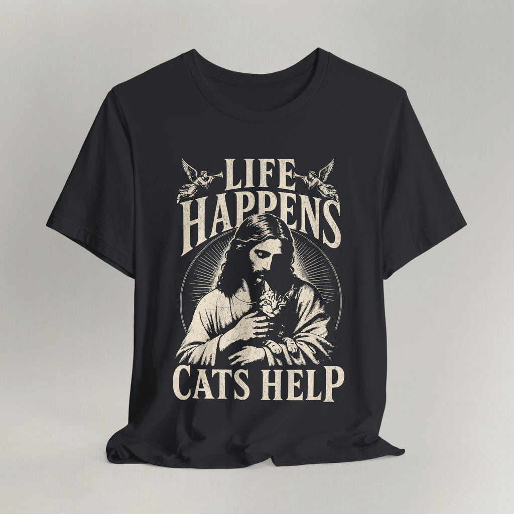 Vintage black cat t-shirt with a printed Life Happens Cats Help design and a faith illustration, shown flat
