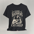 Vintage black cat t-shirt with a printed Life Happens Cats Help design and a faith illustration, shown flat