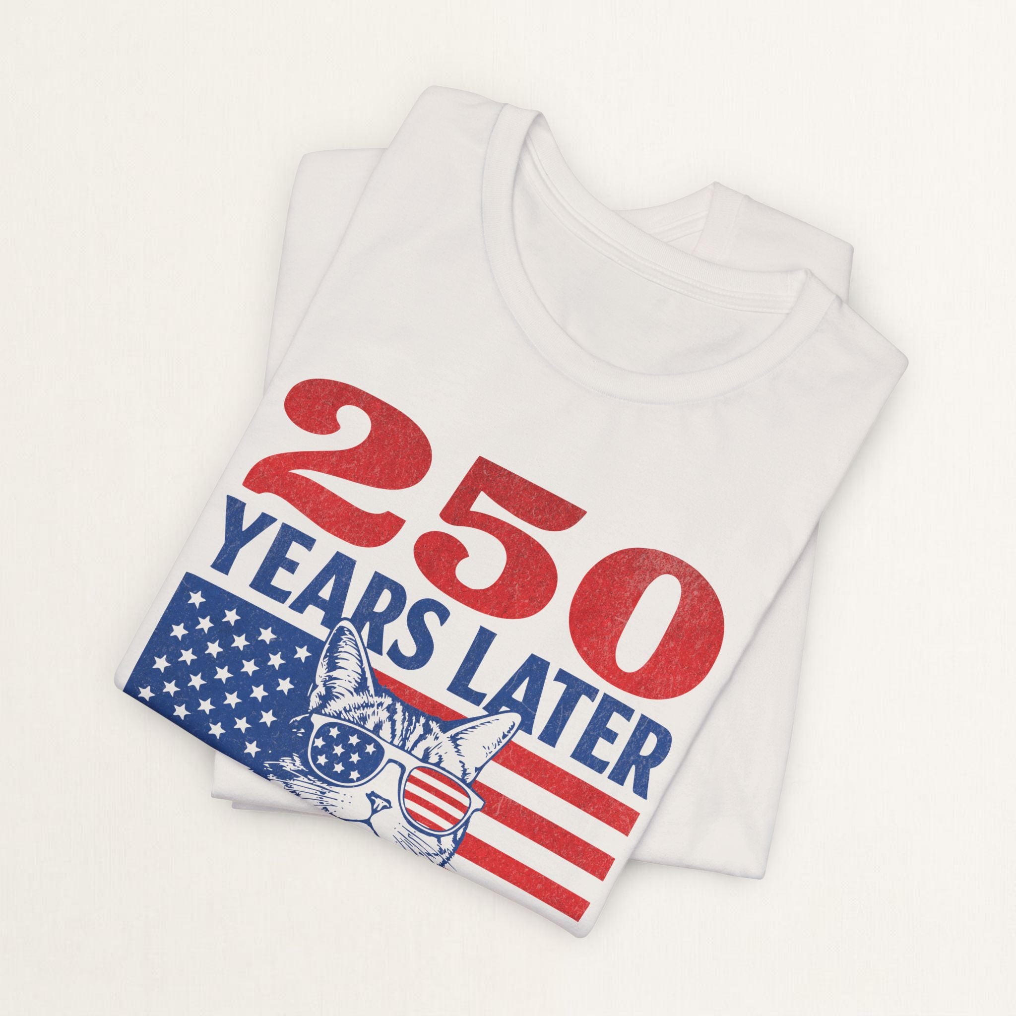 Back view of vintage white 250 Years Later cat t-shirt on model