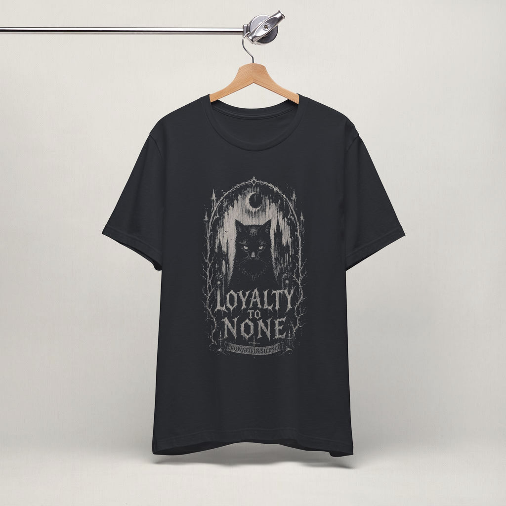 Vintage black Loyalty to None gothic cat t-shirt on a hanger