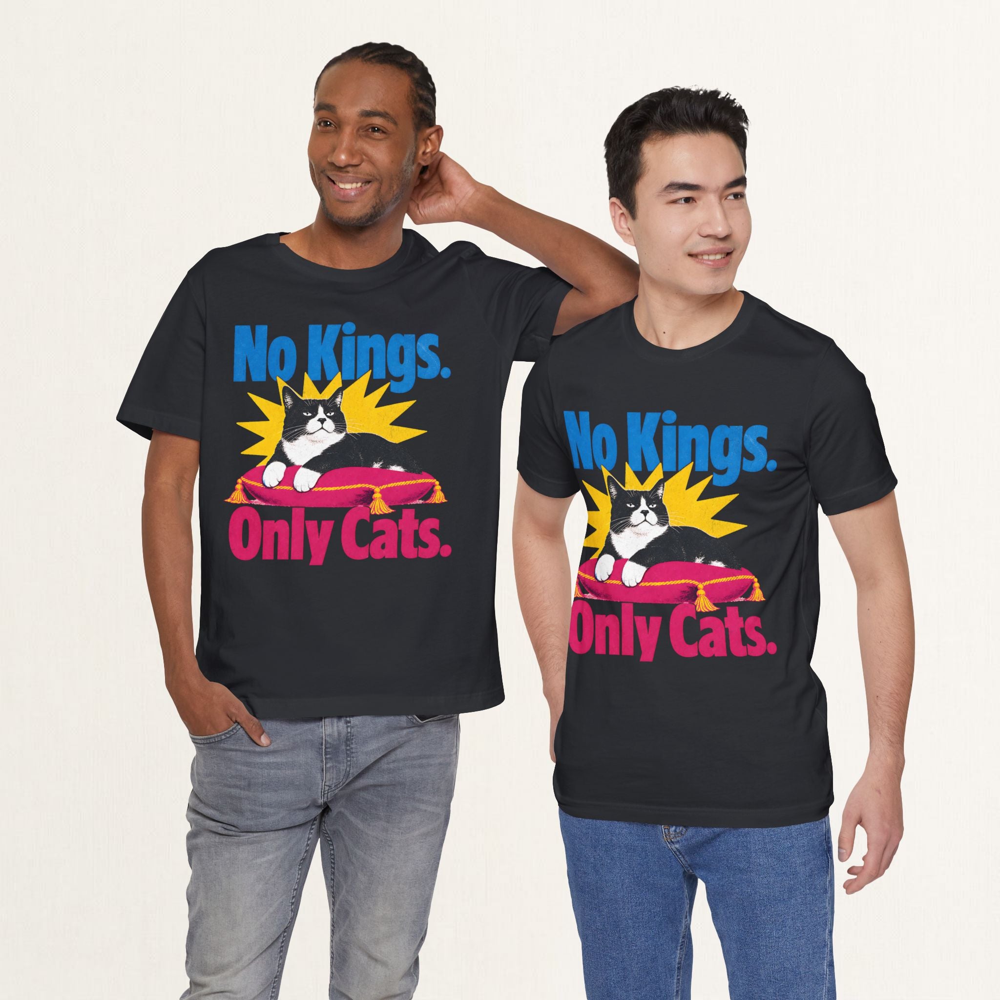 Model wearing vintage white No Kings Only Cats cat t-shirt