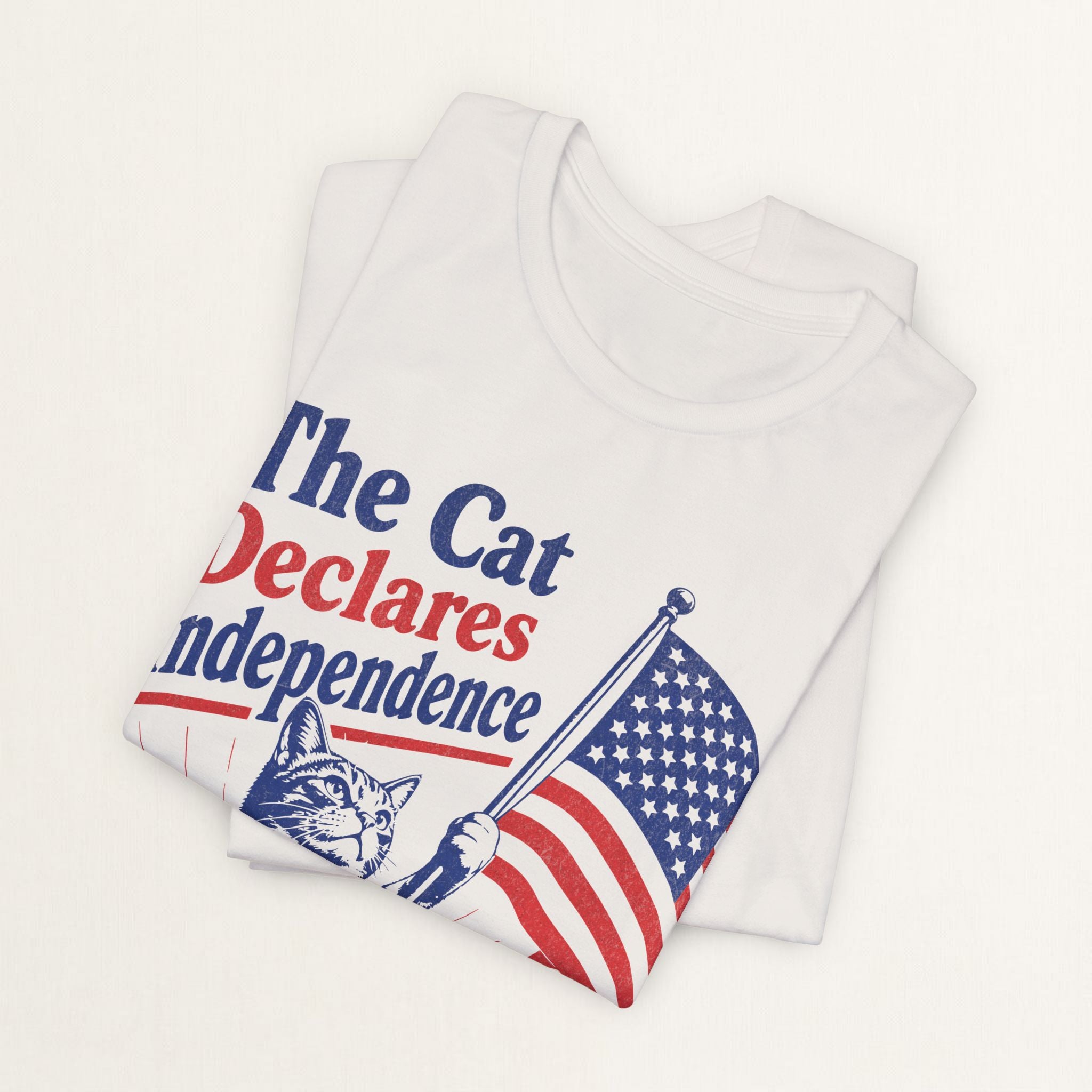 Back view of vintage white Declares Independence cat t-shirt on model