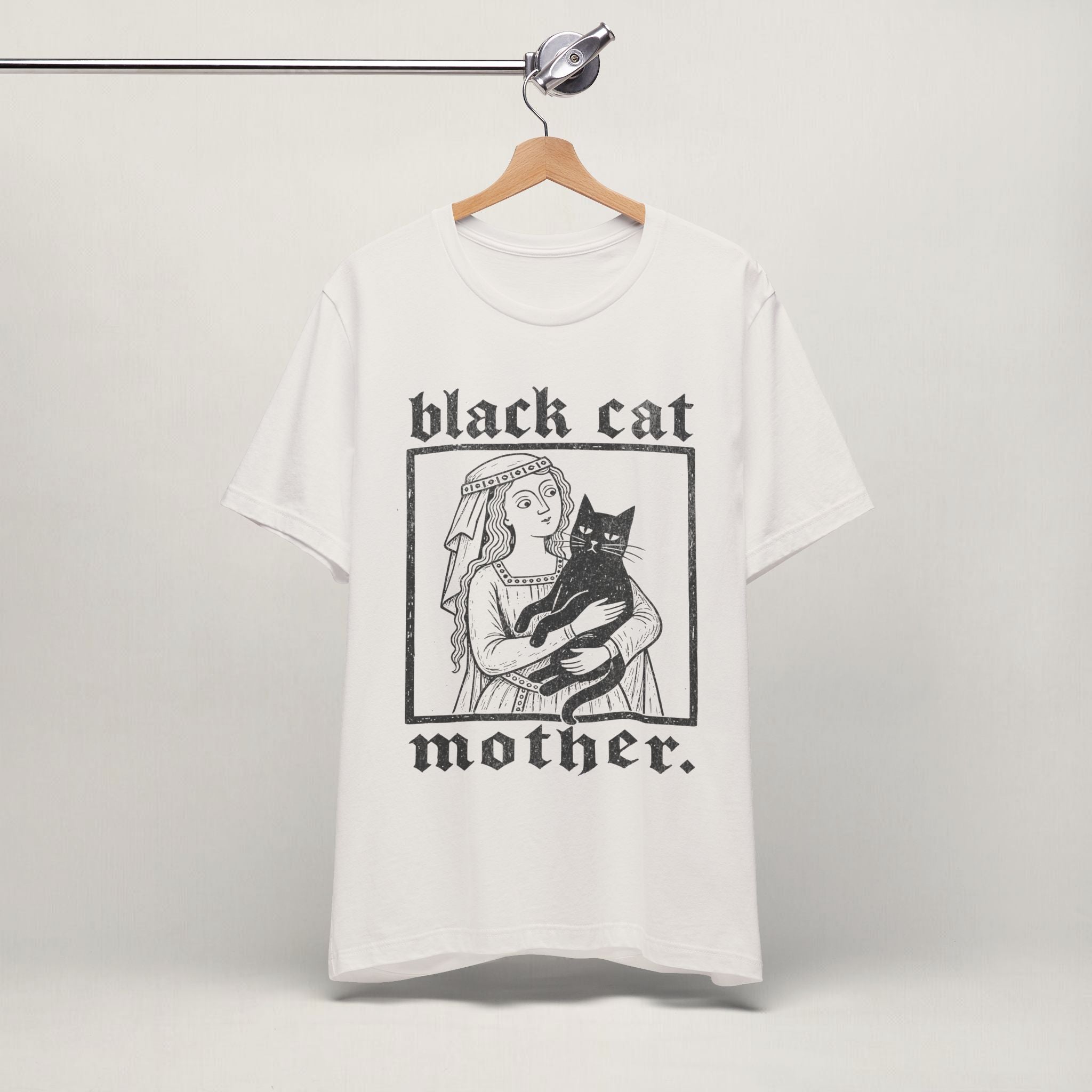Vintage white Black Cat Mother cat t-shirt on a hanger
