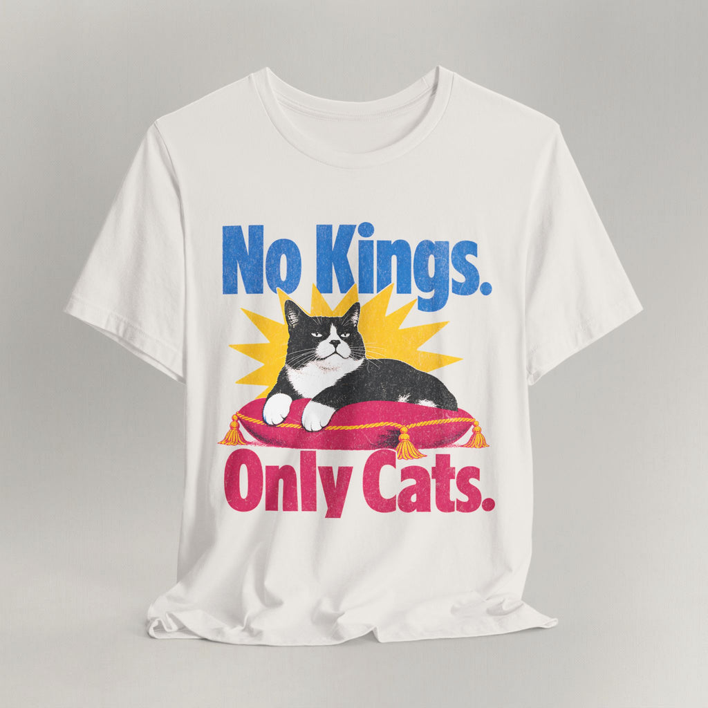 Flat lay of vintage black graphic cat t-shirt with No Kings Only Cats patriotic design
