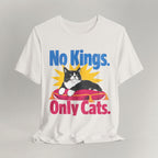Flat lay of vintage black graphic cat t-shirt with No Kings Only Cats patriotic design