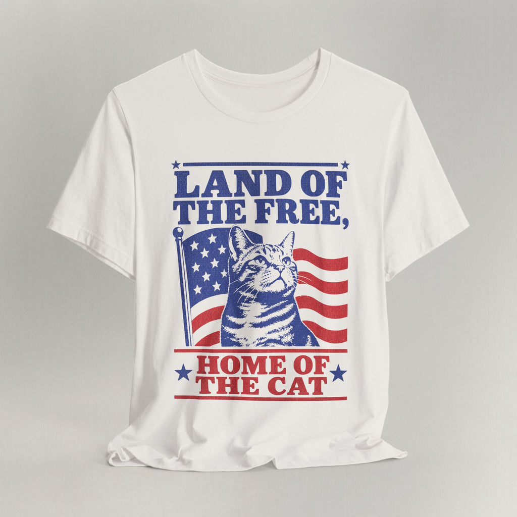Flat lay of vintage white graphic cat t-shirt with Land of the Free patriotic cat design