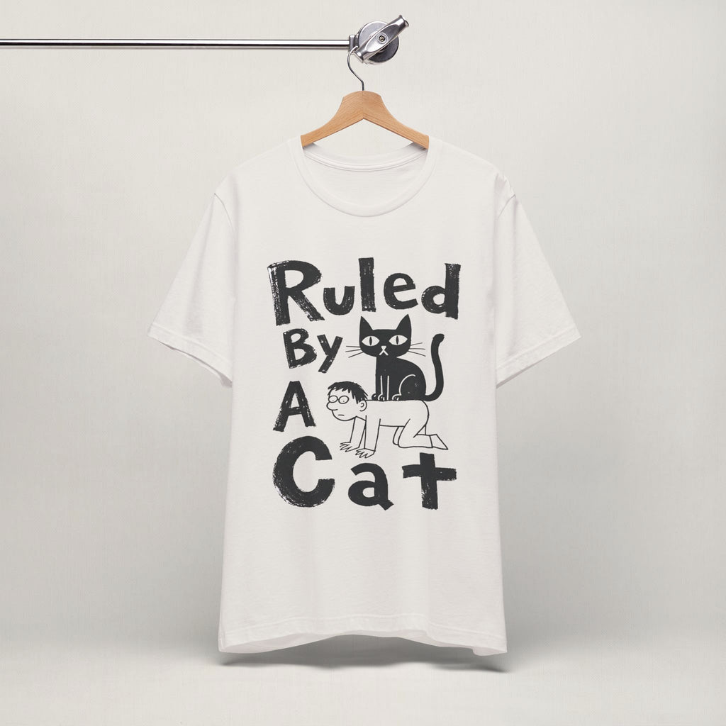 Close-up of Ruled By A Cat print on vintage white unisex t-shirt