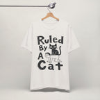 Close-up of Ruled By A Cat print on vintage white unisex t-shirt