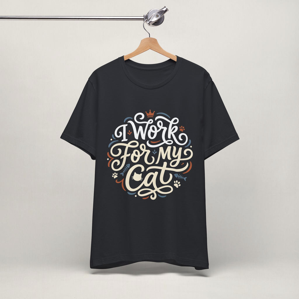 Close-up of I Work For My Cat print on vintage black unisex t-shirt