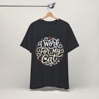 Close-up of I Work For My Cat print on vintage black unisex t-shirt
