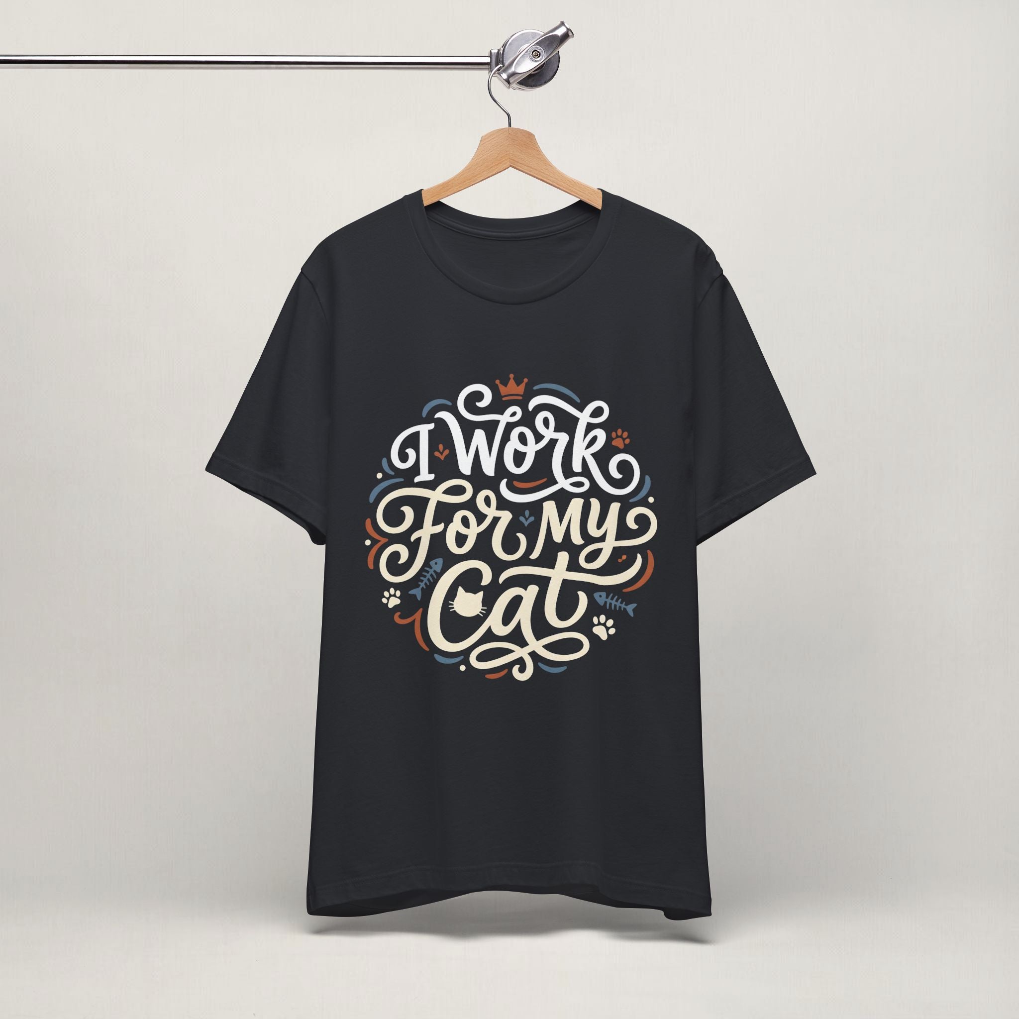 Close-up of I Work For My Cat print on vintage black unisex t-shirt