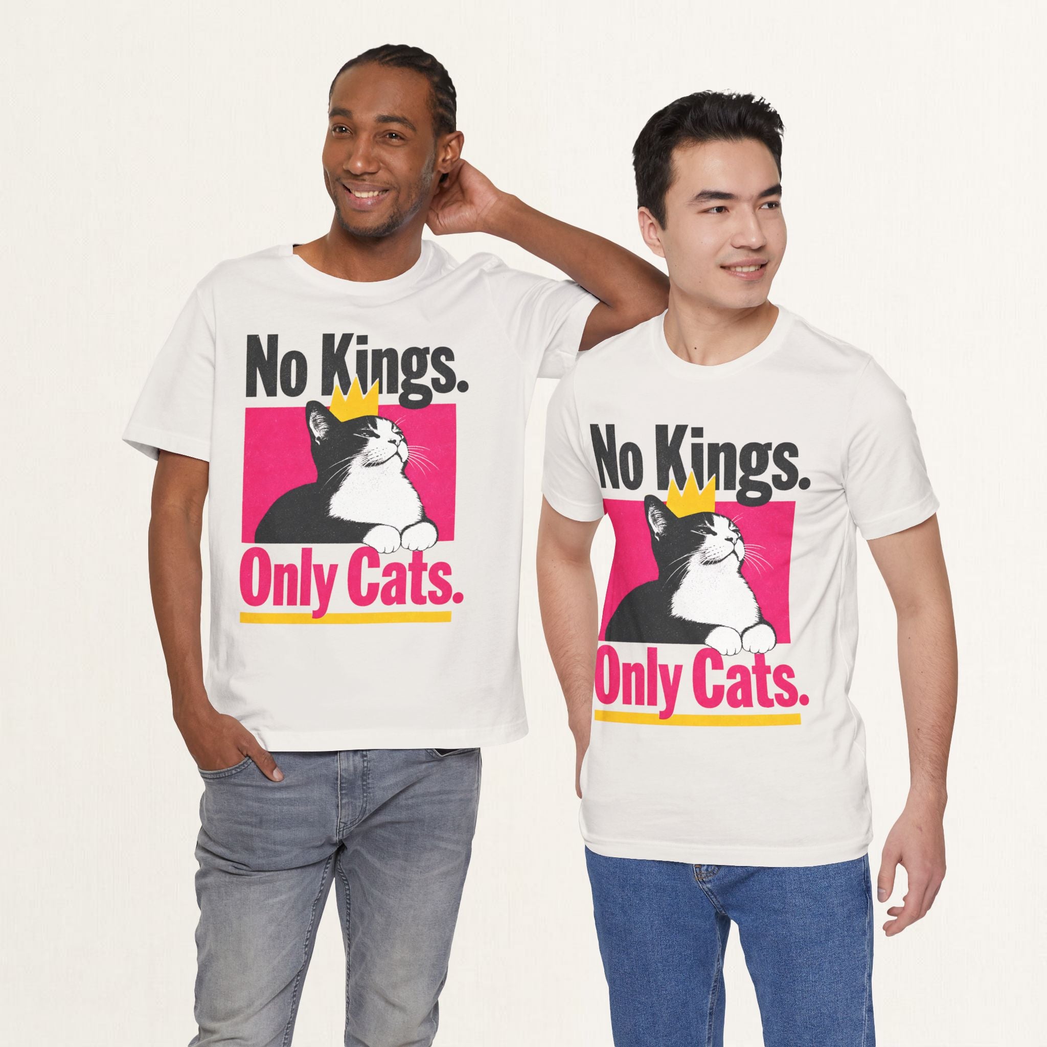 Model wearing vintage white No Kings Only Cats cat t-shirt