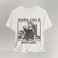 Vintage white cat t-shirt with a Books, Cats and Solitude vintage design, shown flat