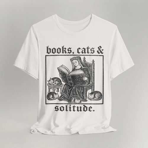 Vintage white cat t-shirt with a Books, Cats and Solitude vintage design, shown flat