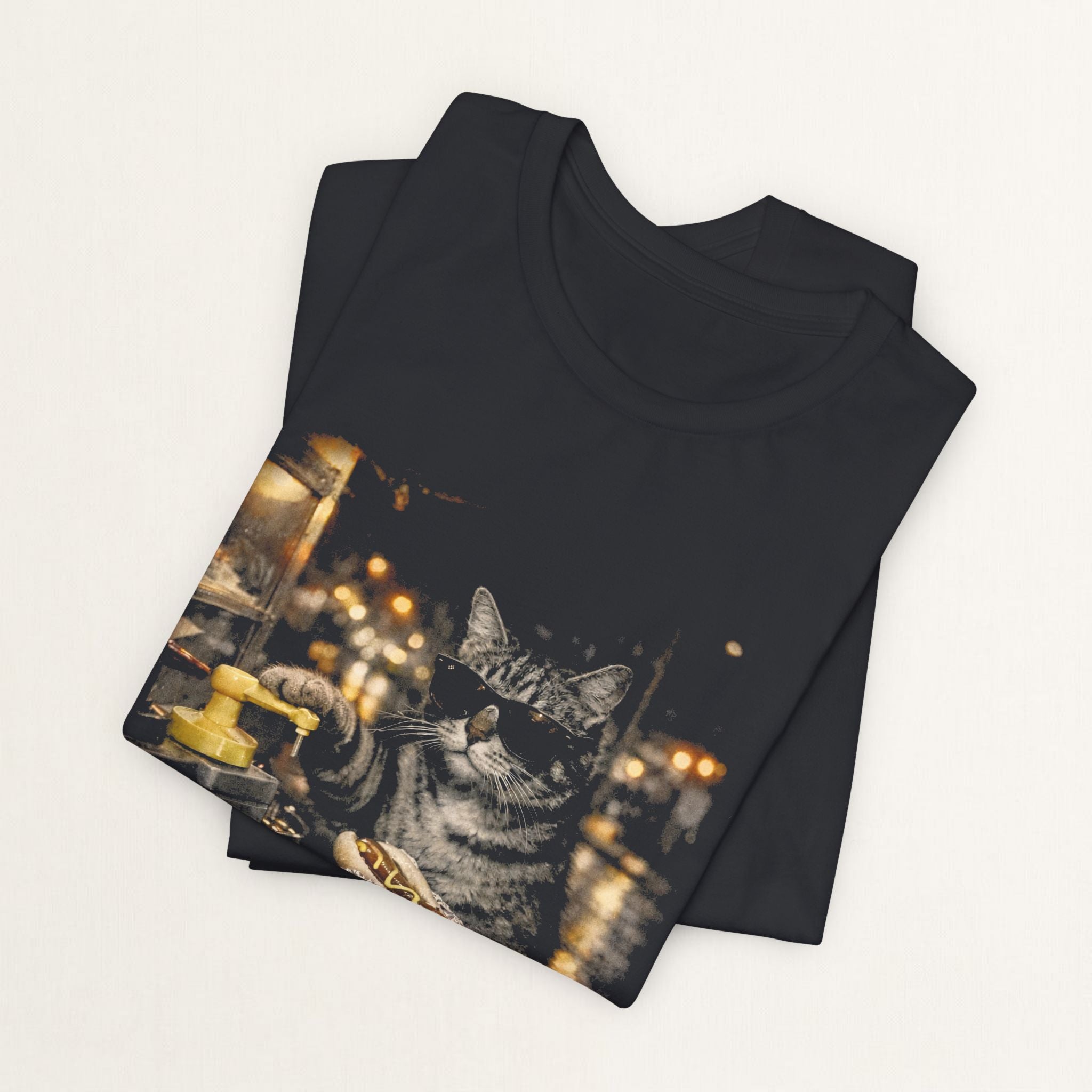 Woman wearing vintage black Late Night Hotdog graphic cat t-shirt, front view
