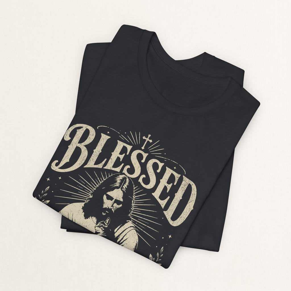 Folded vintage black Blessed Cat Mom printed cat t-shirt