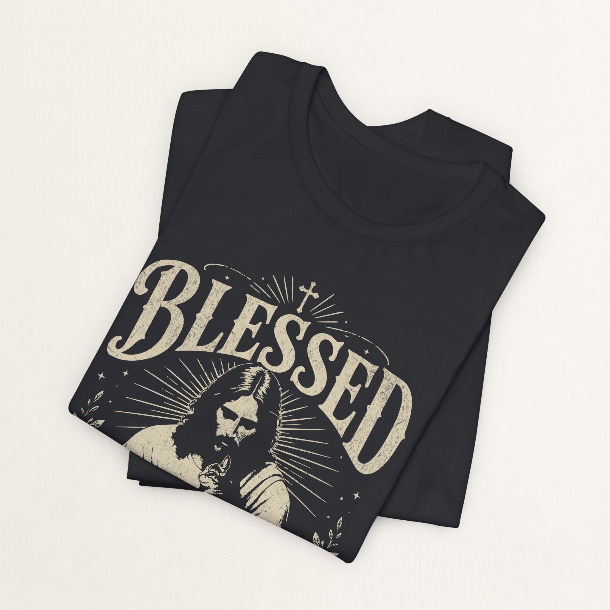 Folded vintage black Blessed Cat Mom printed cat t-shirt