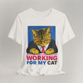 Vintage white graphic cat t-shirt with Working For My Cat print, flat lay front view