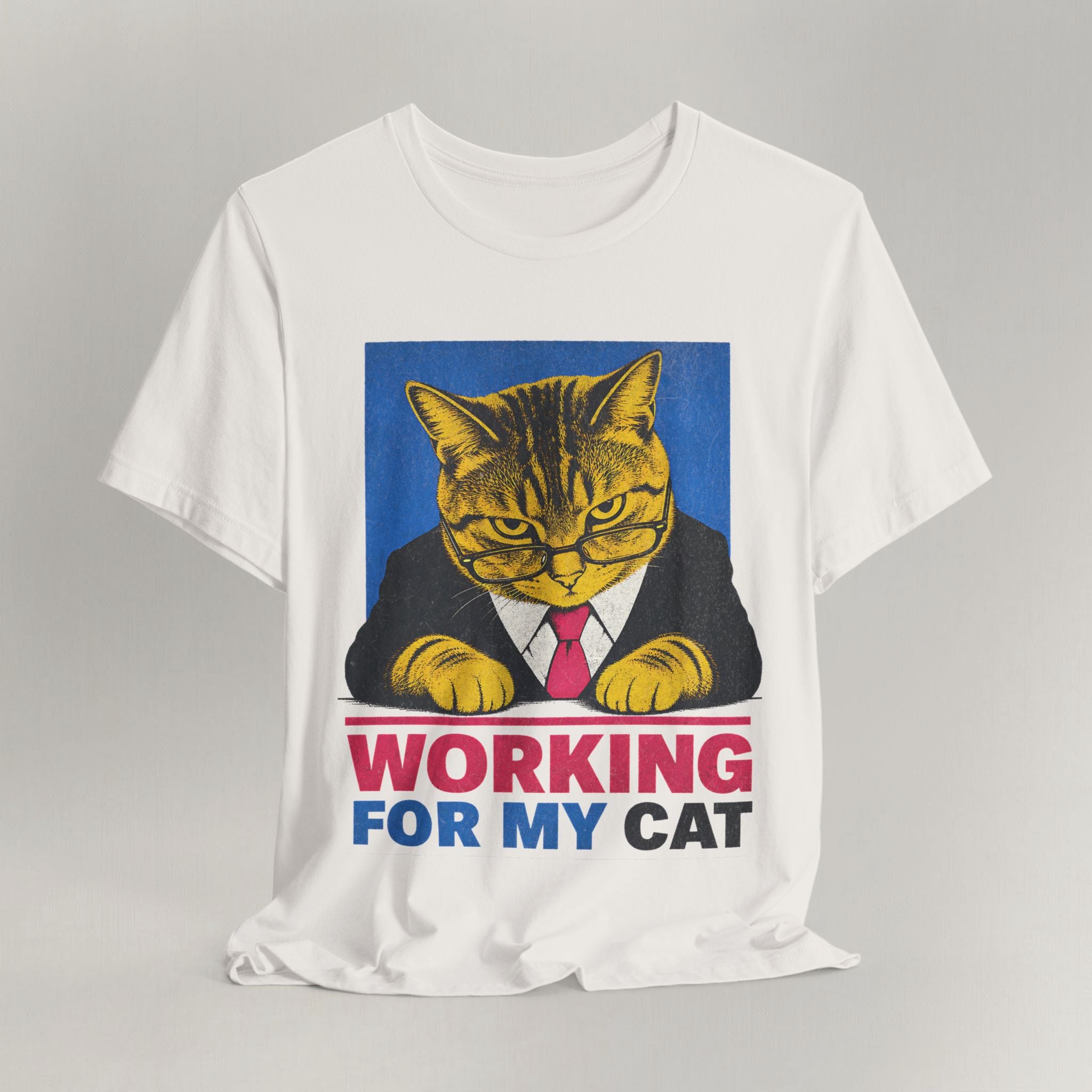 Vintage white graphic cat t-shirt with Working For My Cat print, flat lay front view