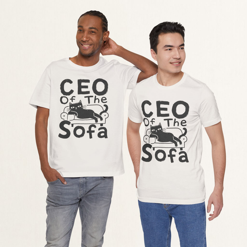 Model wearing vintage white CEO Of The Sofa graphic cat t-shirt