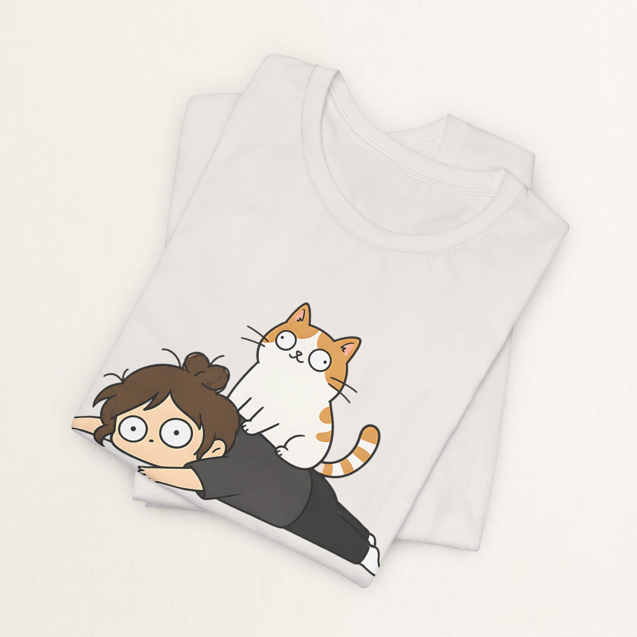 Back view of vintage white orange tabby Controlled By My Cat graphic cat t-shirt on model
