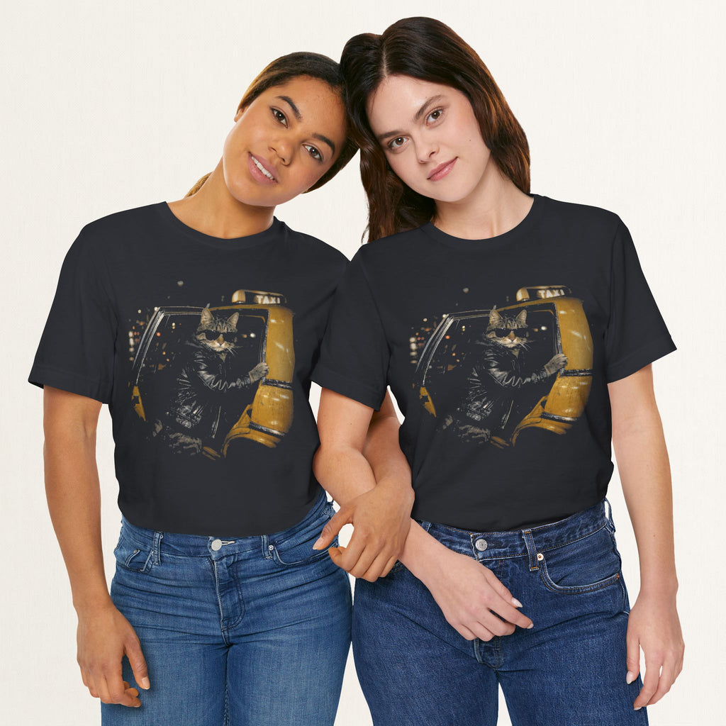 Flat lay of vintage black Midnight Taxi cat t-shirt, back view