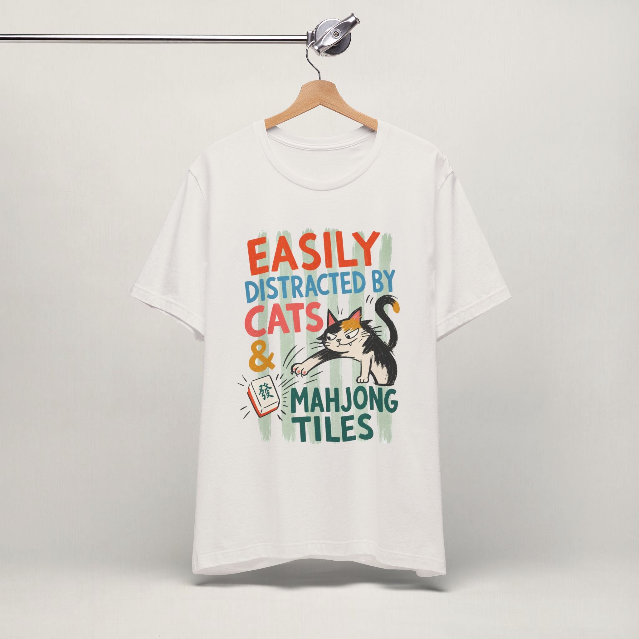 Vintage white Easily Distracted by Cats and Mahjong cat t-shirt on a hanger