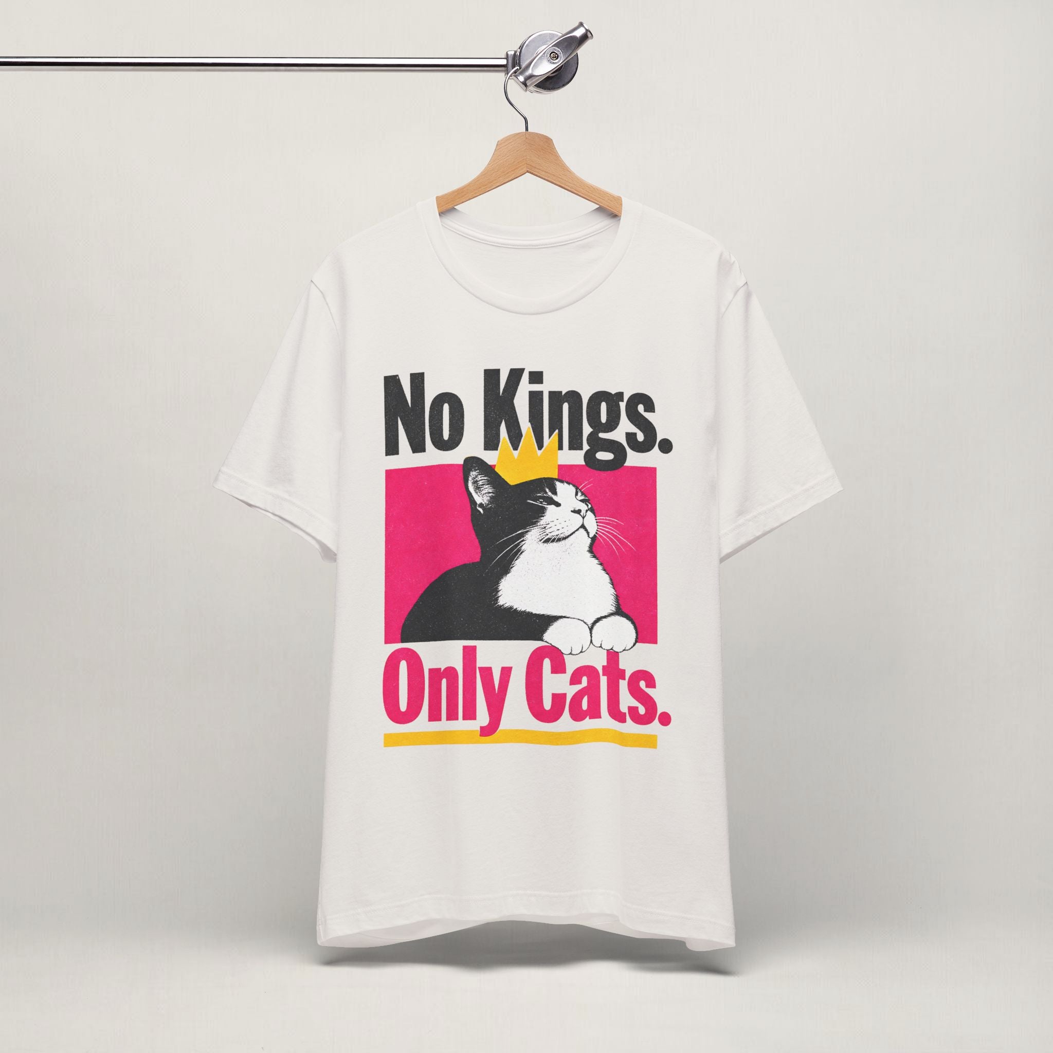 Close-up of No Kings Only Cats print on vintage white unisex t-shirt