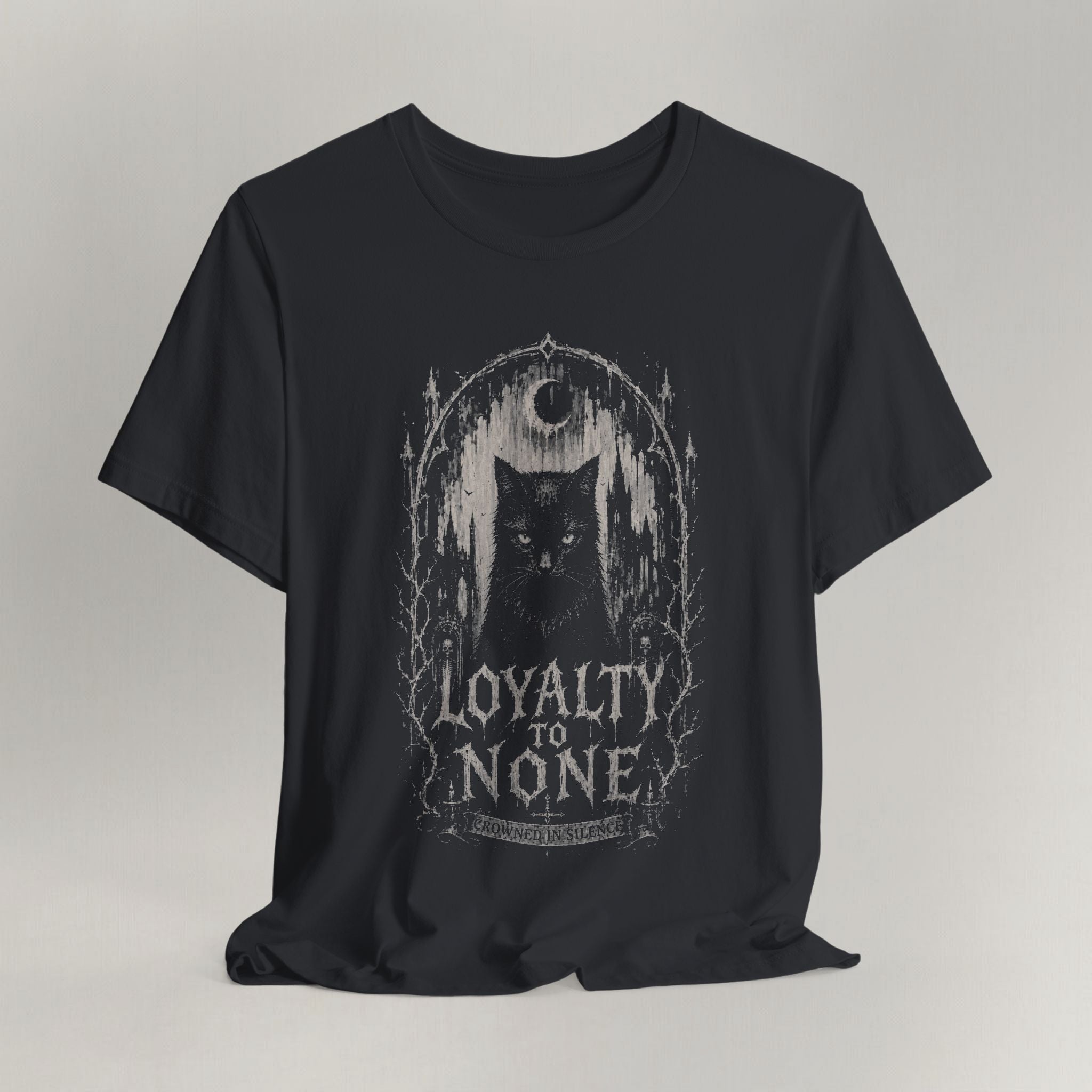 Vintage black gothic cat t-shirt with a Loyalty to None design and a cat beneath the moon, shown flat