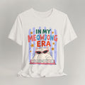 Vintage white cat t-shirt with an In My Meowjong Era mahjong design and a cat in sunglasses, shown flat