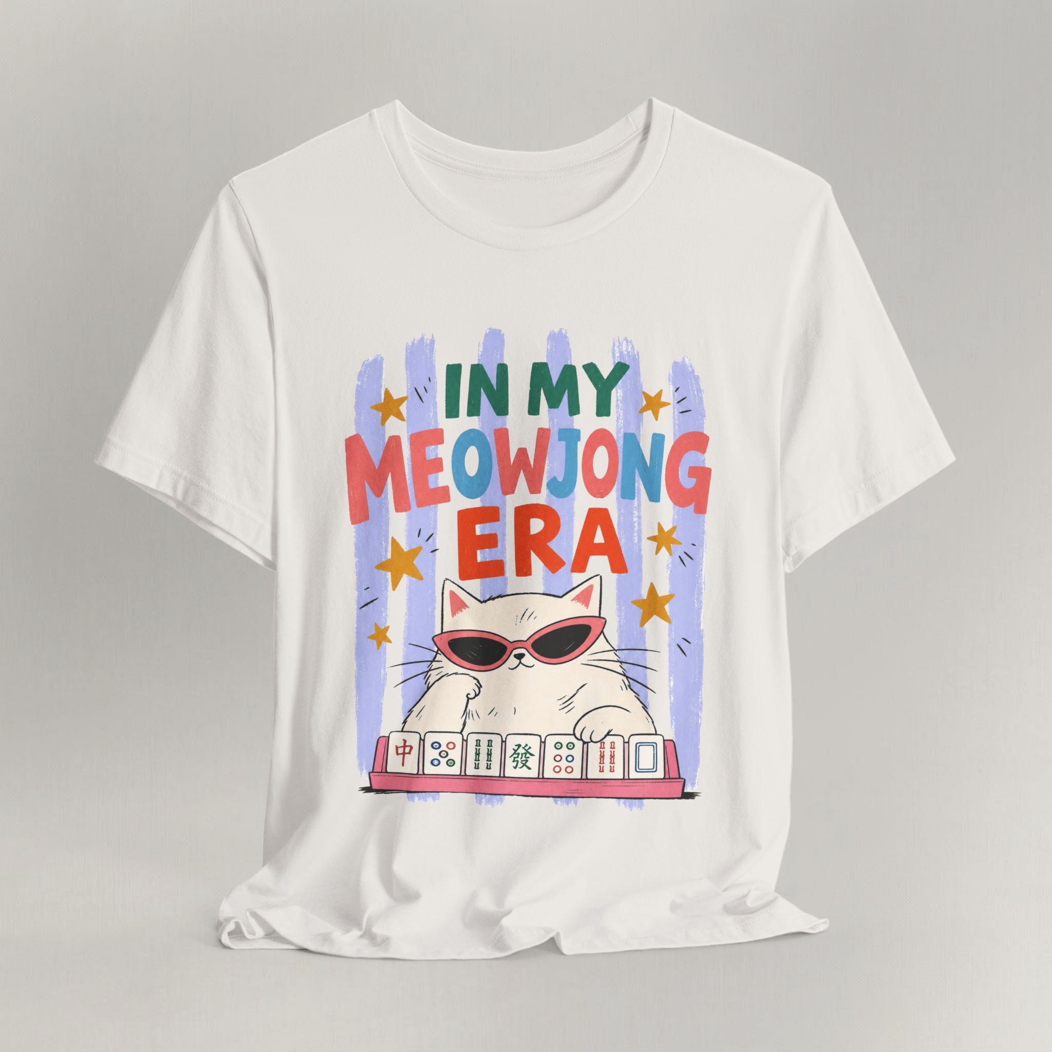 Vintage white cat t-shirt with an In My Meowjong Era mahjong design and a cat in sunglasses, shown flat