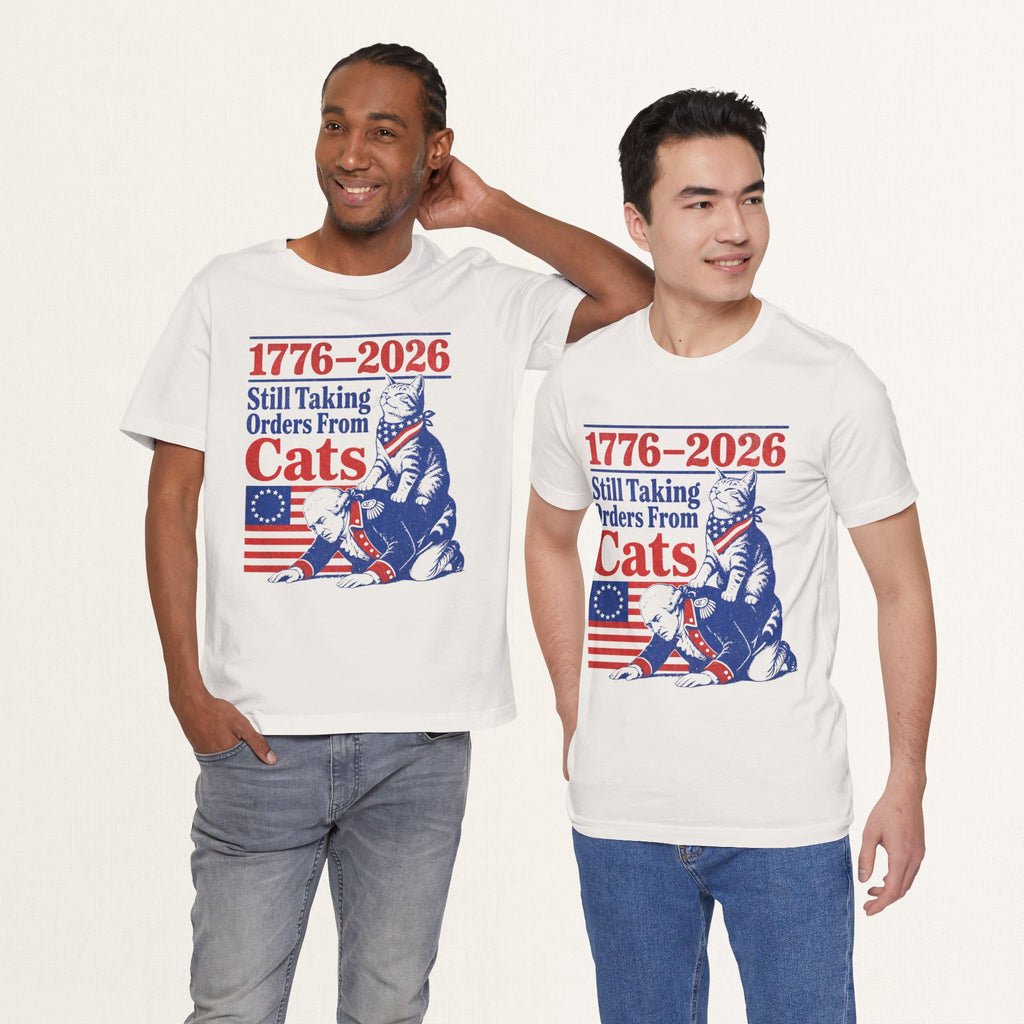 Model wearing vintage white Still Taking Orders From Cats graphic cat t-shirt