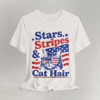 Flat lay of vintage white graphic cat t-shirt with Stars Stripes and Cat Hair design