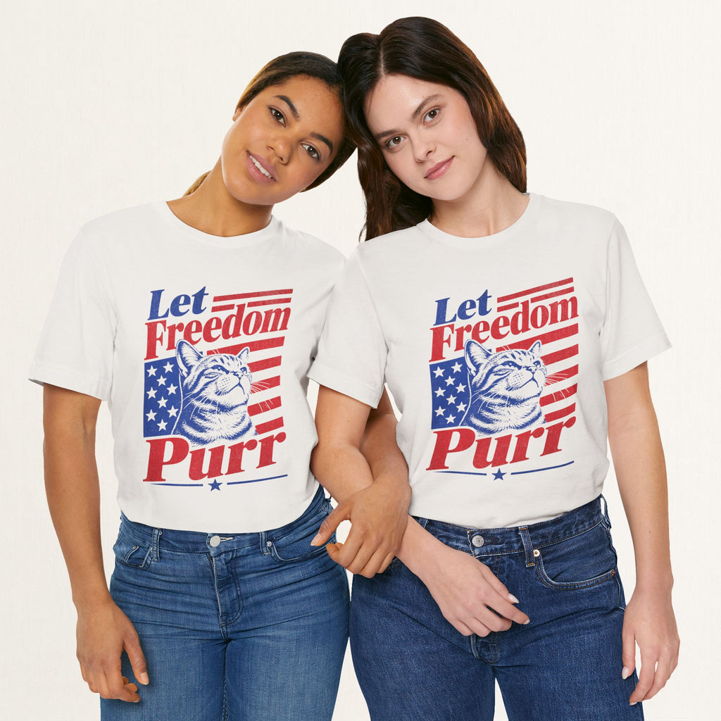 Styled flat lay of vintage white Freedom Purr cat graphic tee