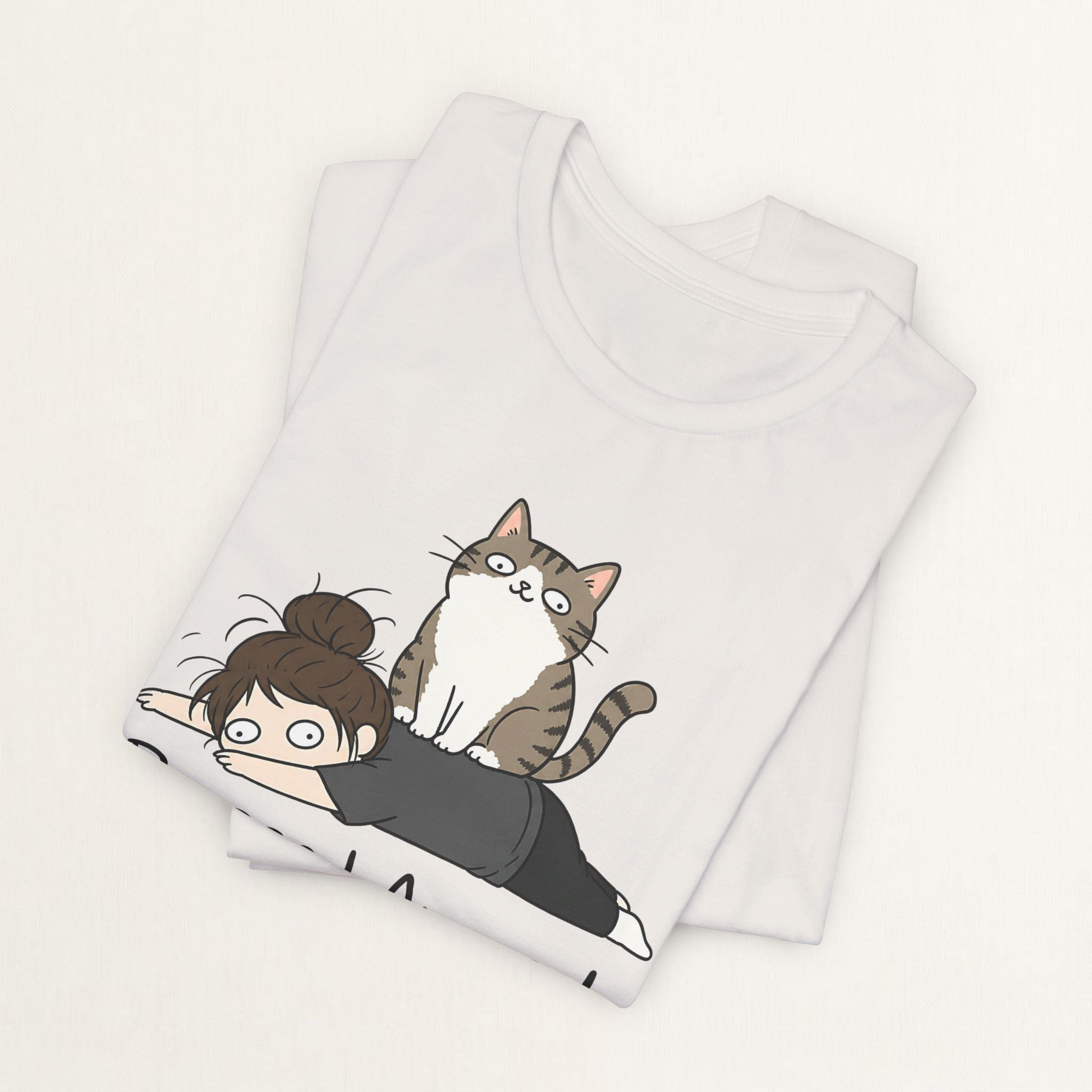 Back view of vintage white Bossed Around By My Cat graphic cat t-shirt on model