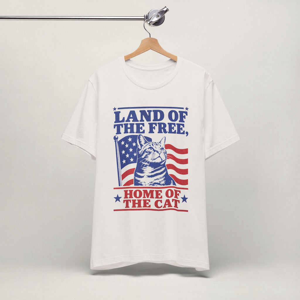 Close-up of Land of the Free patriotic cat print on vintage white unisex t-shirt