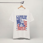Close-up of Land of the Free patriotic cat print on vintage white unisex t-shirt