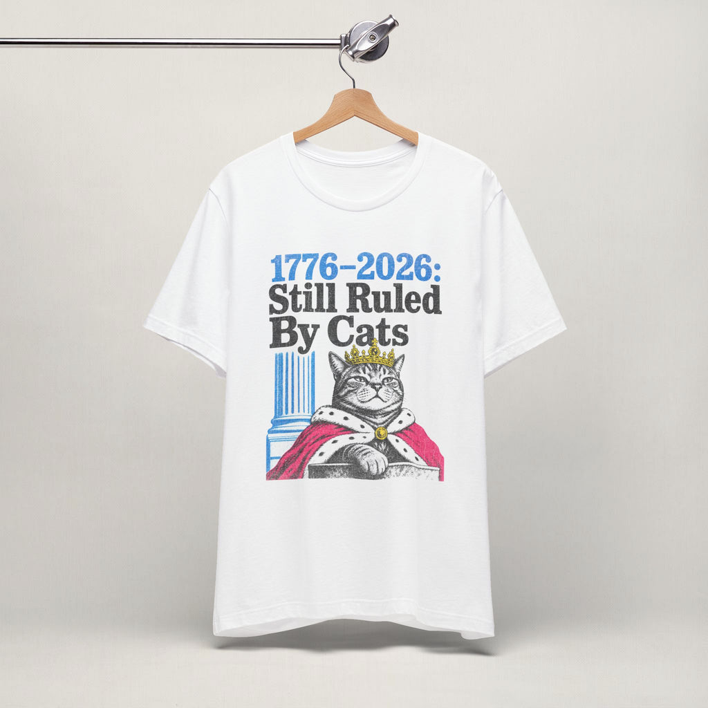 Close-up of Ruled By Cats print on white unisex t-shirt