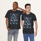 Model wearing vintage black The Boss Obviously graphic cat t-shirt