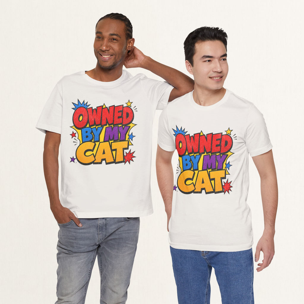 Two men wearing vintage white Owned By My Cat t-shirts with colorful comic graphic