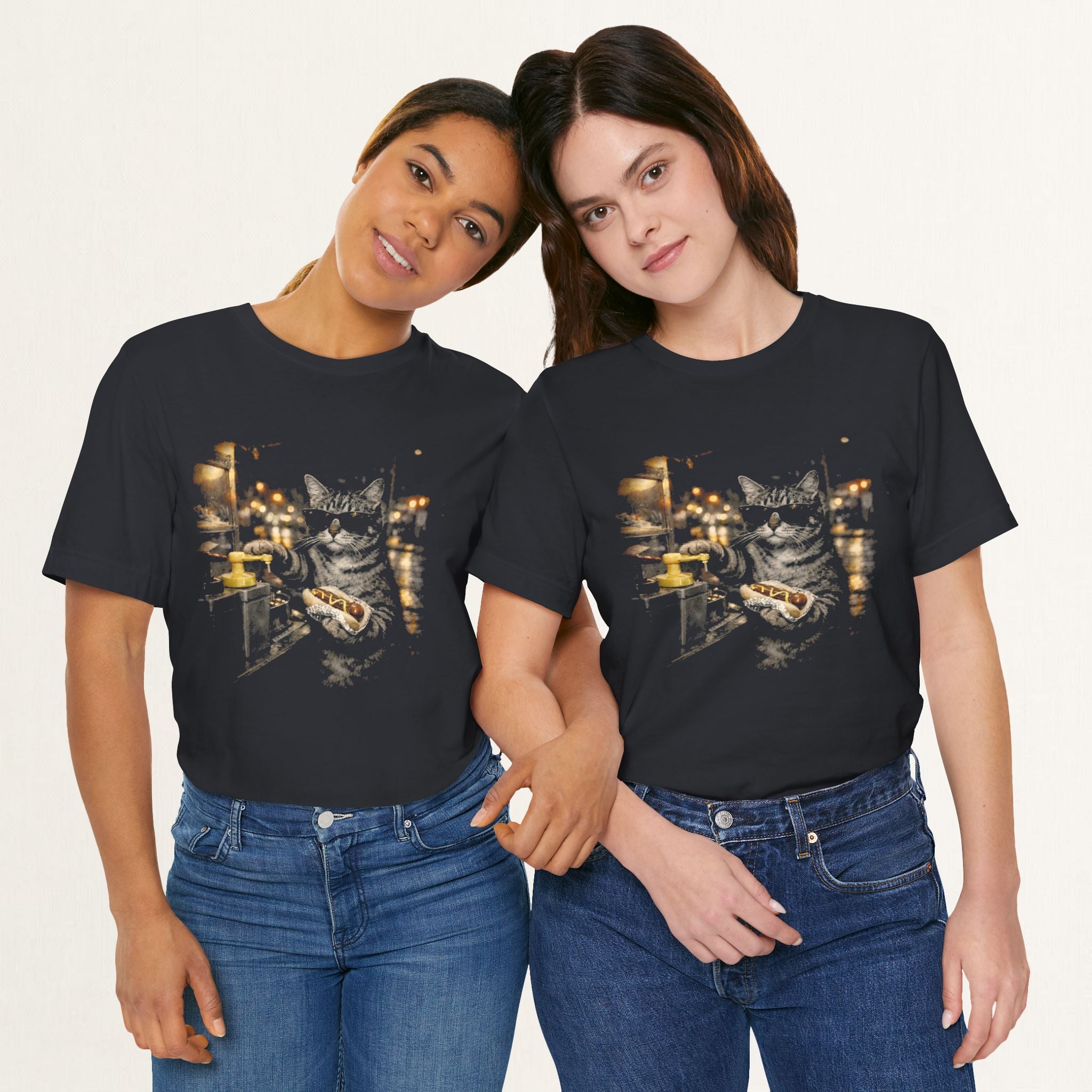 Flat lay of vintage black Late Night Hotdog cat t-shirt, back view